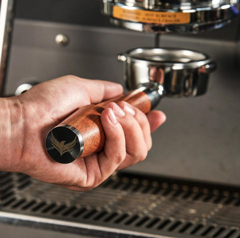 KNODOS 54mm bottomless portafilter with rosewood handle for real-time shot quality