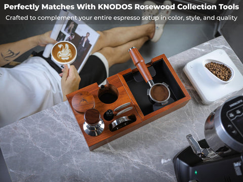 KNODOS barista station box in rosewood blends aesthetics with practical storage on the counter.