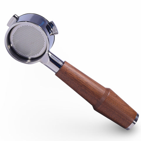 KNODOS bottomless portafilter with walnut body shows extraction clearly for precise tastings.