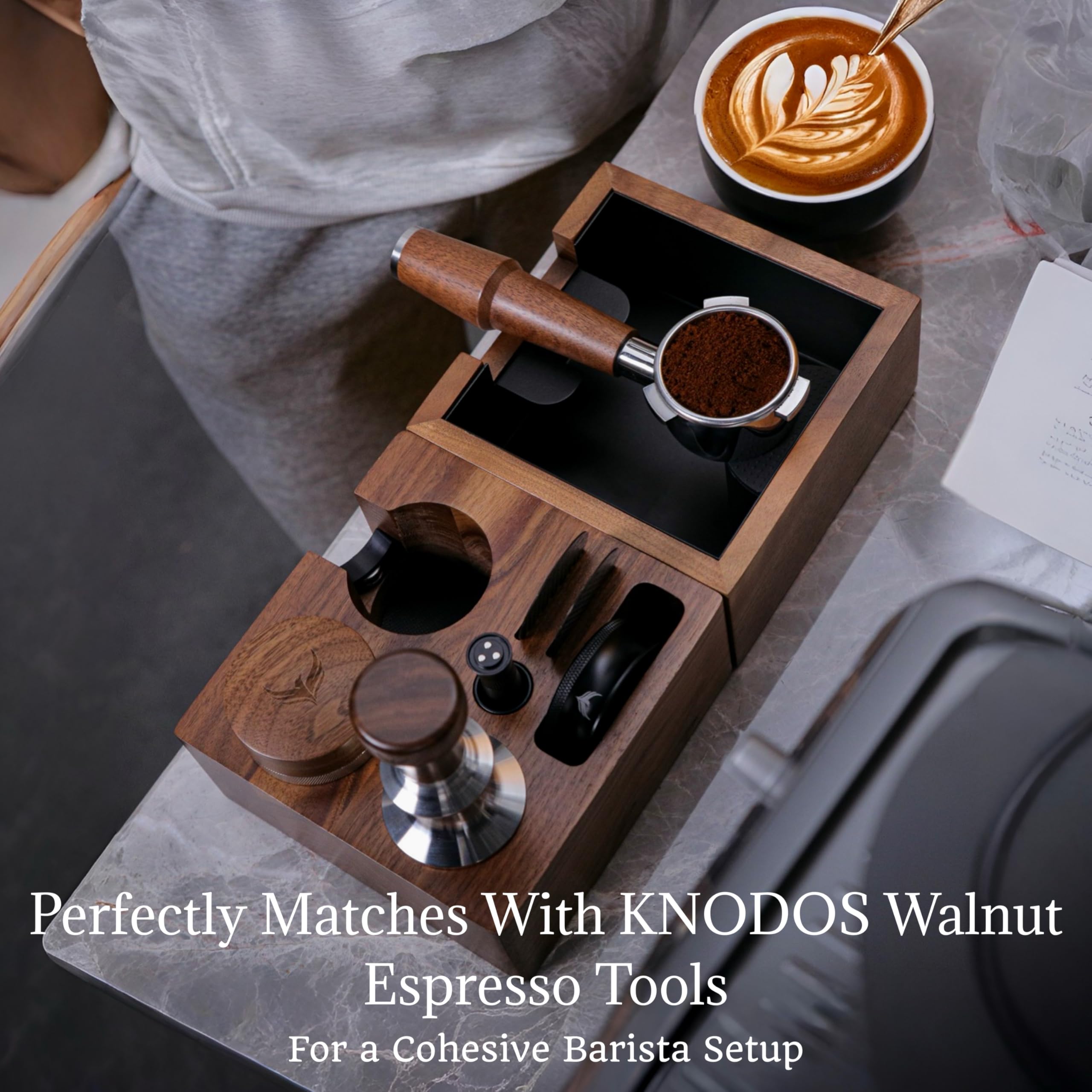 KNODOS bottomless portafilter reveals crema development and tamping feedback.