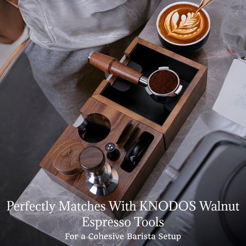 KNODOS bottomless portafilter reveals crema development and tamping feedback.