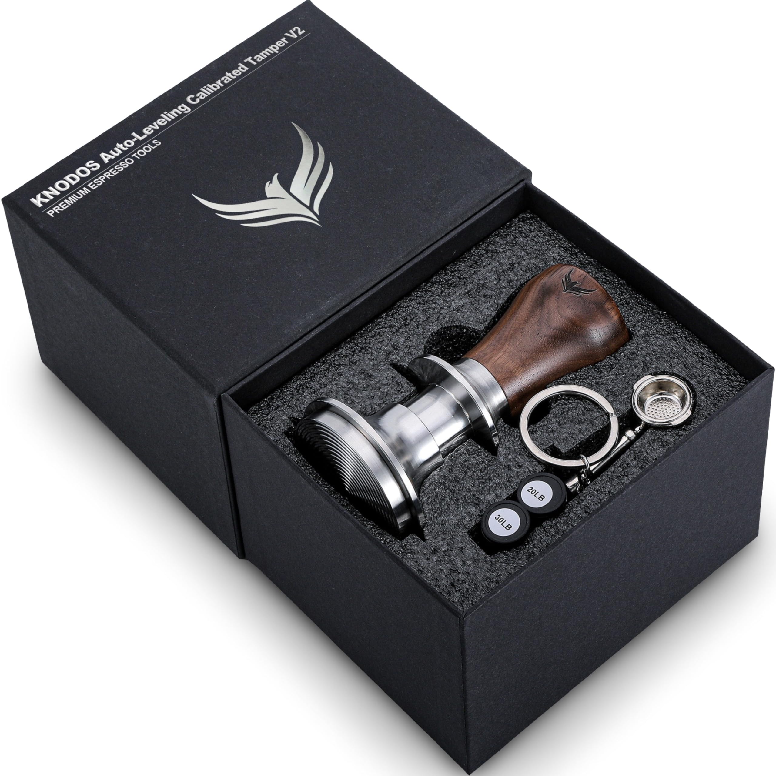 KNODOS espresso tamper with walnut handle and ripple base for even extraction.
