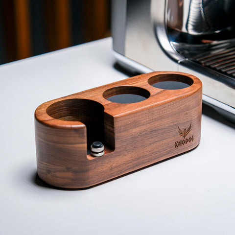 KNODOS espresso tamping station 54mm assembly for precise fit and stable tamping.