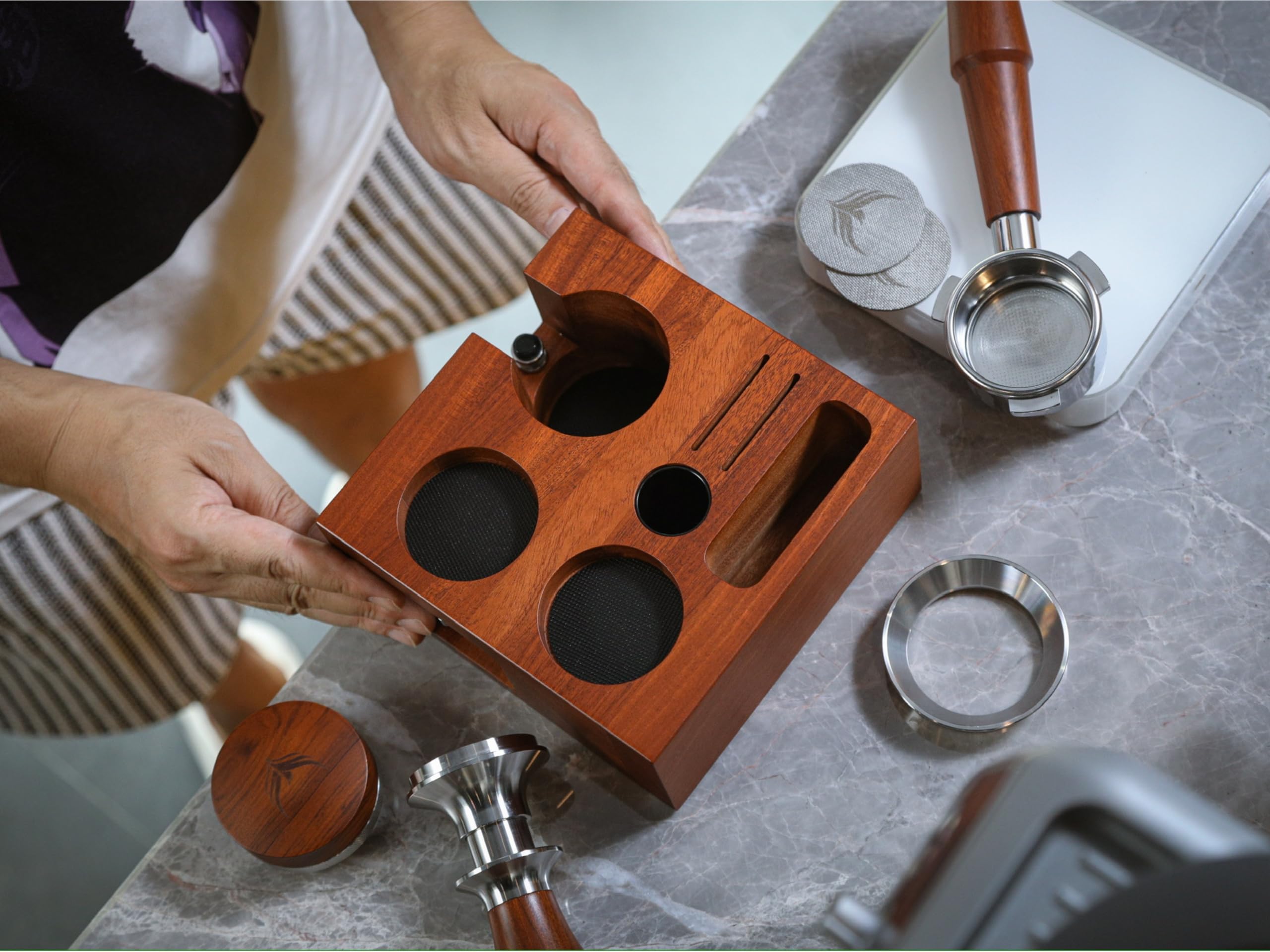 KNODOS 54mm tamping station compatible with Breville machines keeps tools within reach.