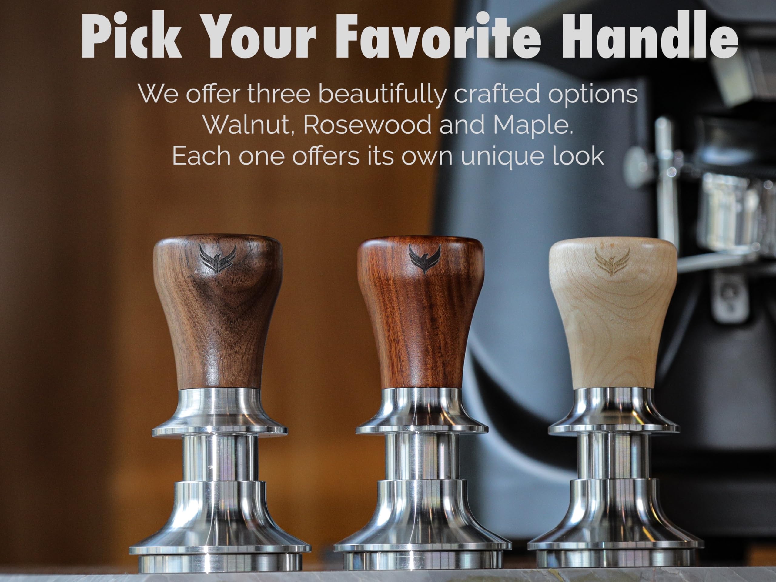 Close-up of tamper with KNODOS accessories for espresso setup.