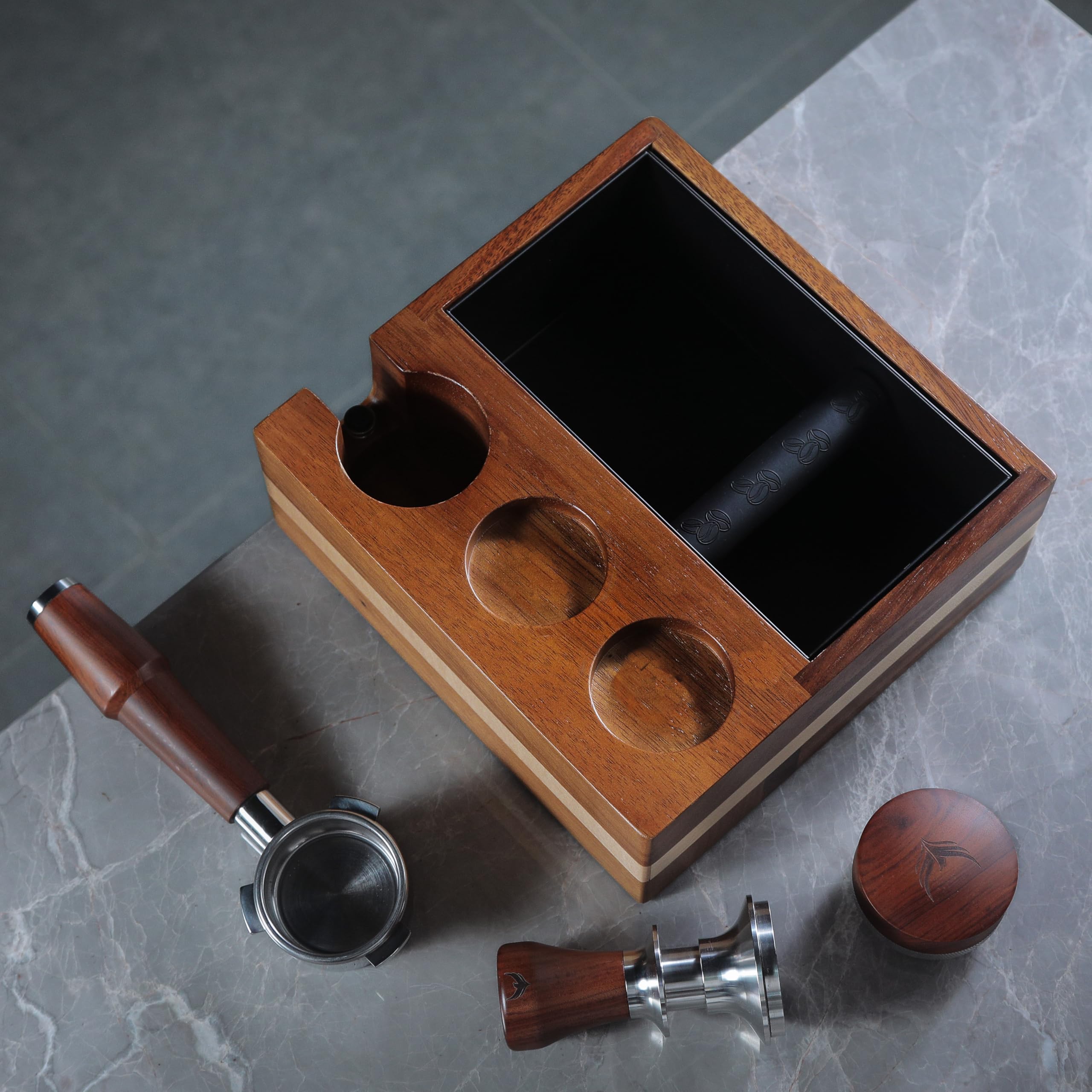 KNODOS espresso tools organizer box keeps tamper, distributor, and portafilter organized