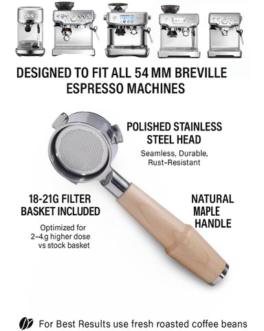 KNODOS maple-handle portafilter complements espresso rituals with durable stainless steel build.