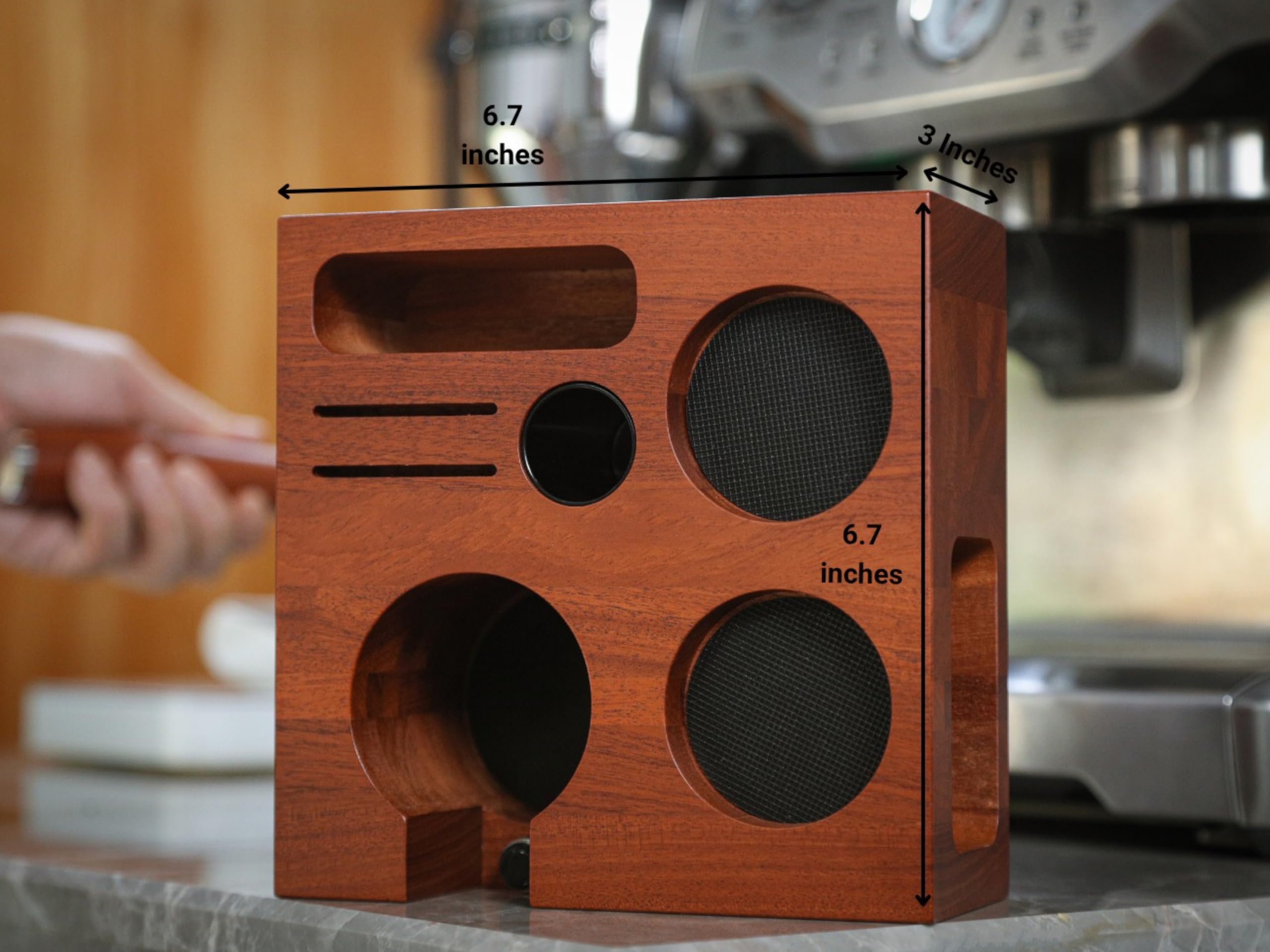 KNODOS rosewood coffee tool organizer adds natural elegance while organizing WDT, RDT, puck screens.