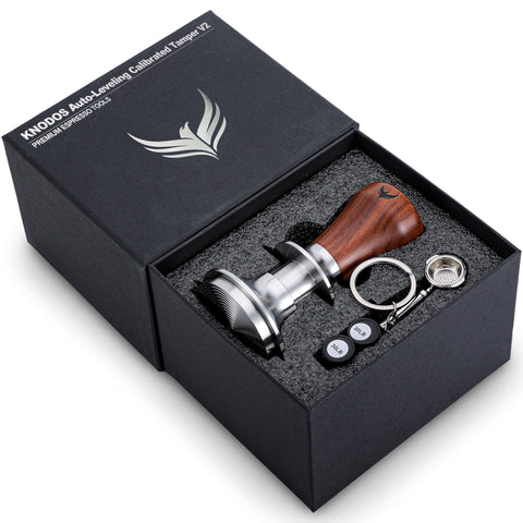 KNODOS rosewood handle espresso tamper for precise tamping and control.