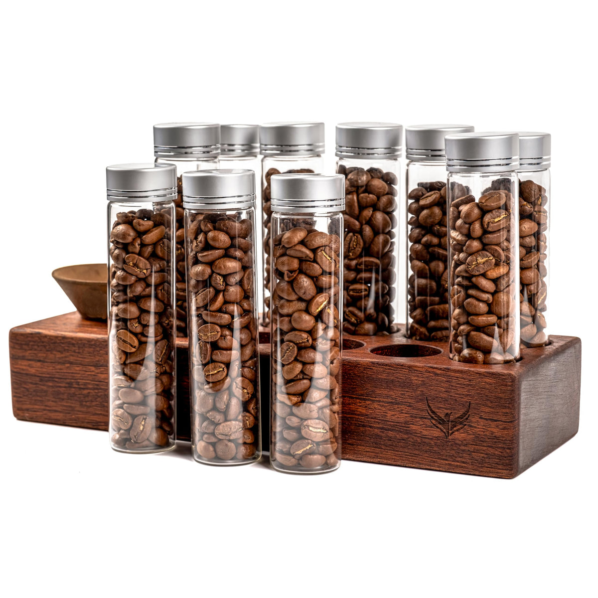 KNODOS single-dose tubes on a wooden stand for organized espresso prep.