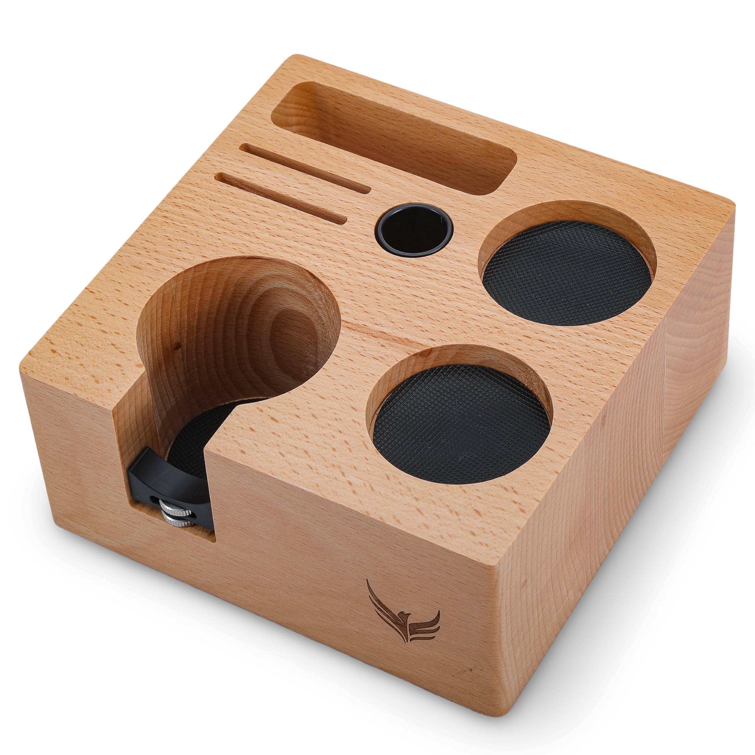 KNODOS tamping station with 54mm wood base keeps espresso tools neatly organized for Breville users
