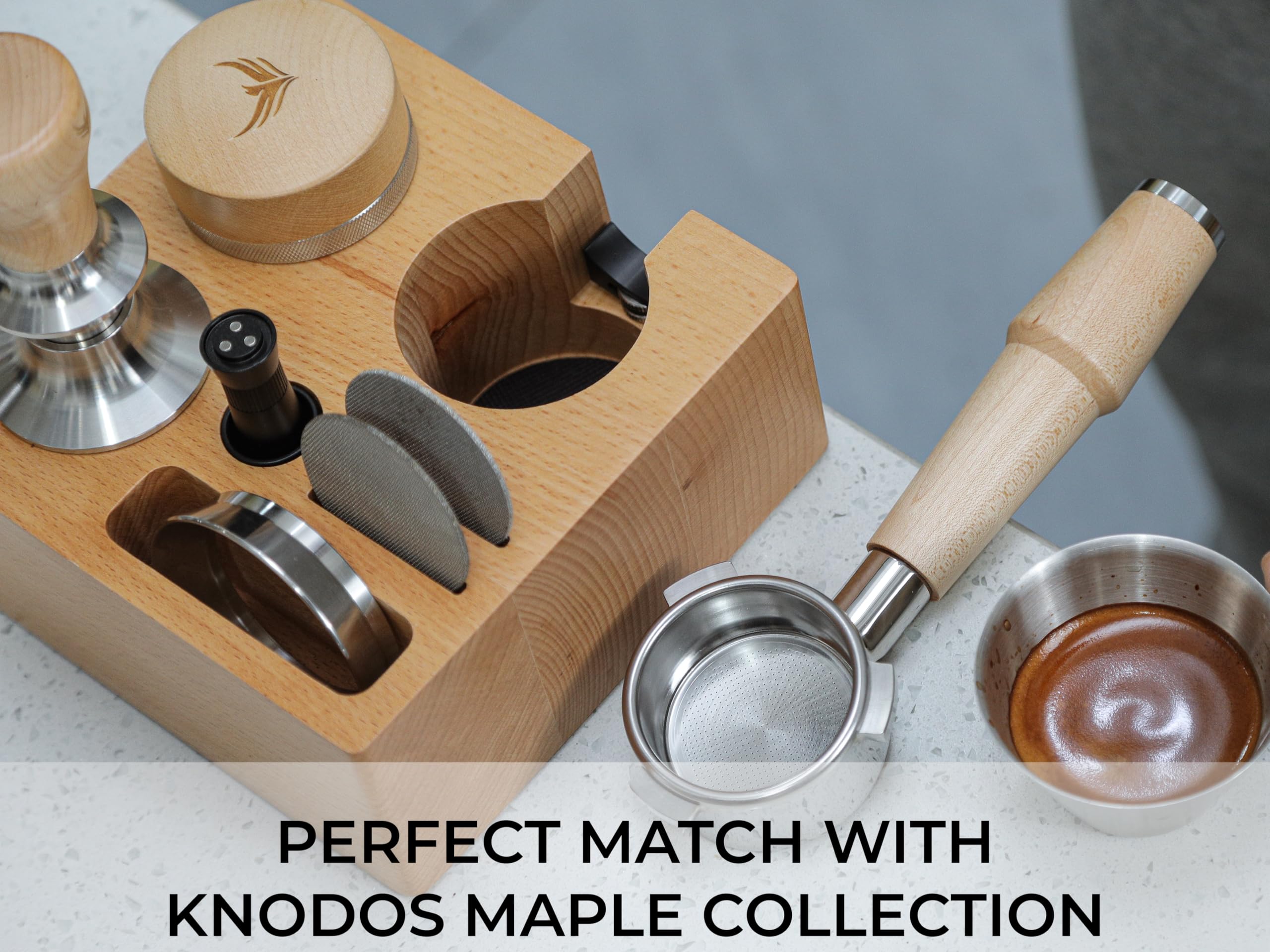 KNODOS tamping station beech wood material adds a natural, durable touch to your counter