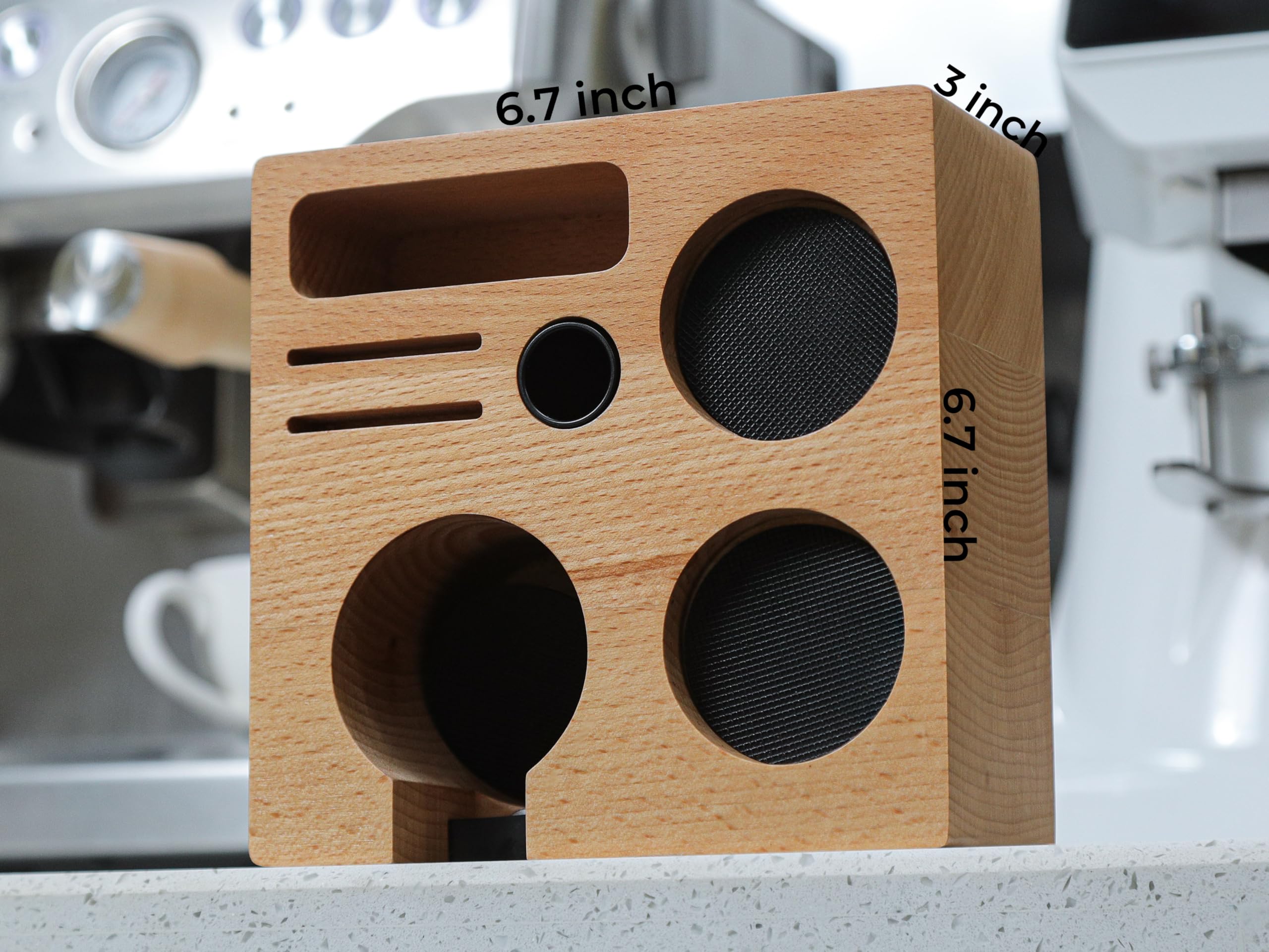 KNODOS tamping station compartments hold tamper, distributor, and funnel for smooth workflow