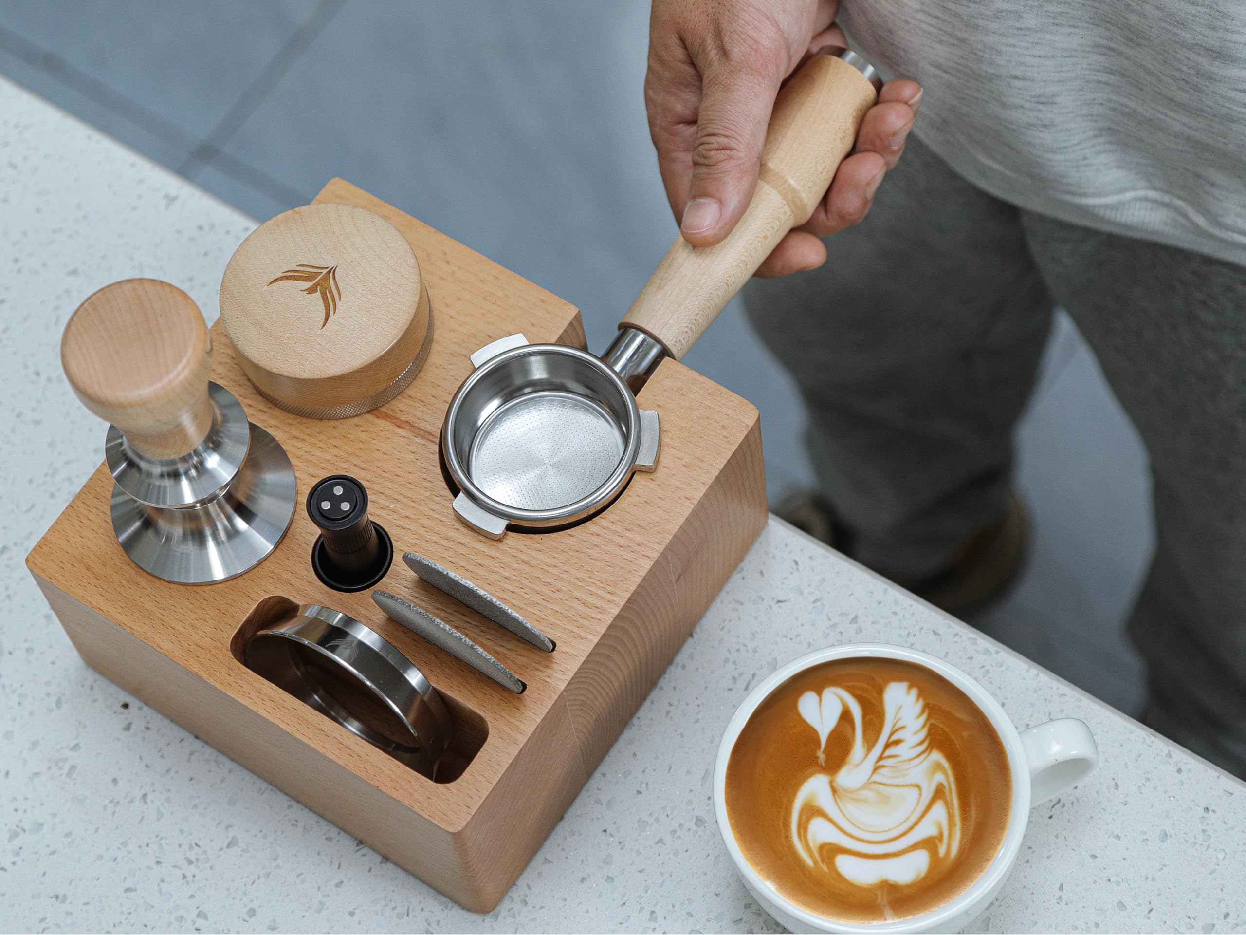 KNODOS tamping station front view shows a tidy workspace for efficient espresso prep