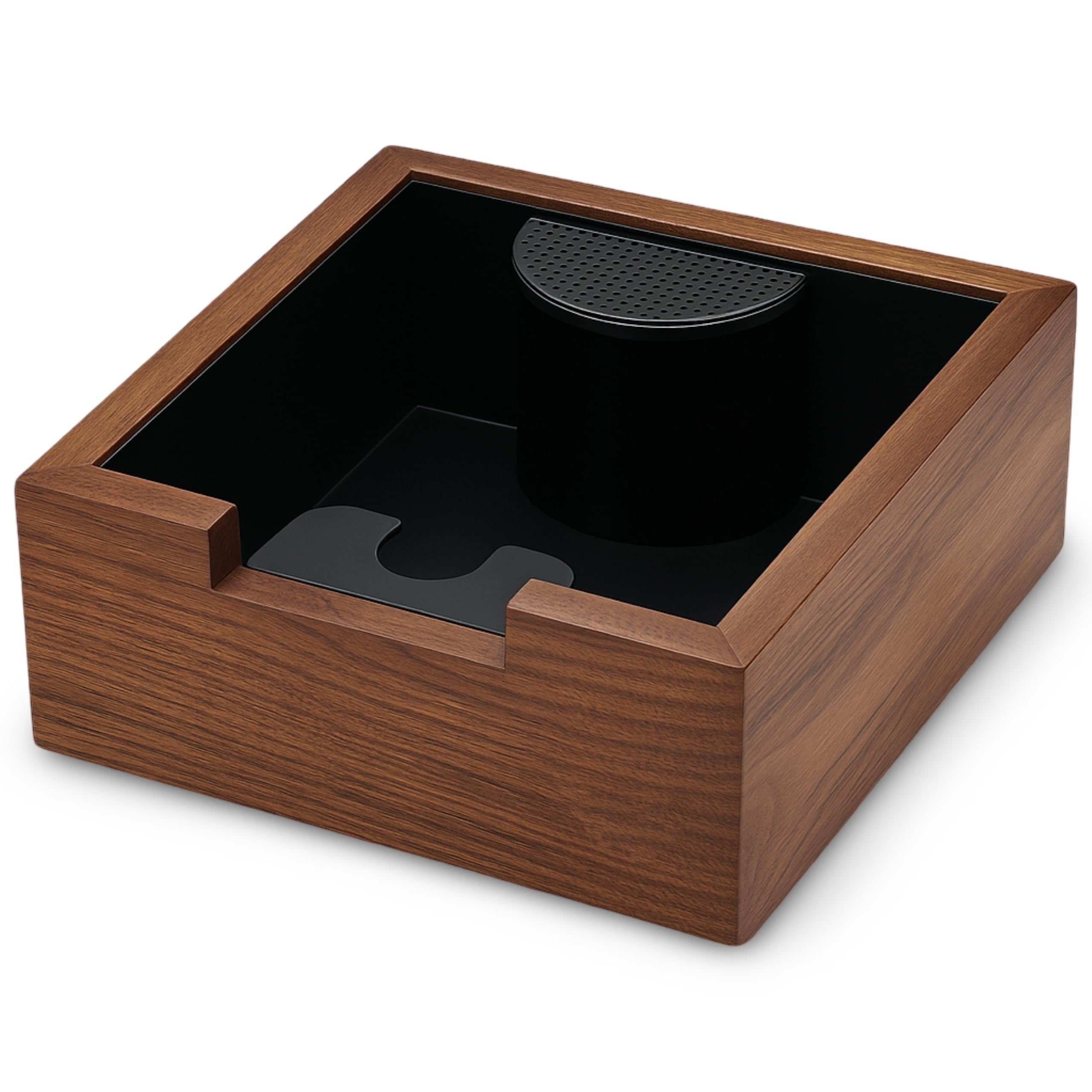 KNODOS Walnut Espresso Knock Box front view showing elegant wood grain for grounds disposal.