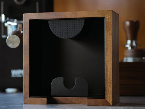 KNODOS Walnut Espresso Knock Box side angle highlighting compact design for small kitchens.