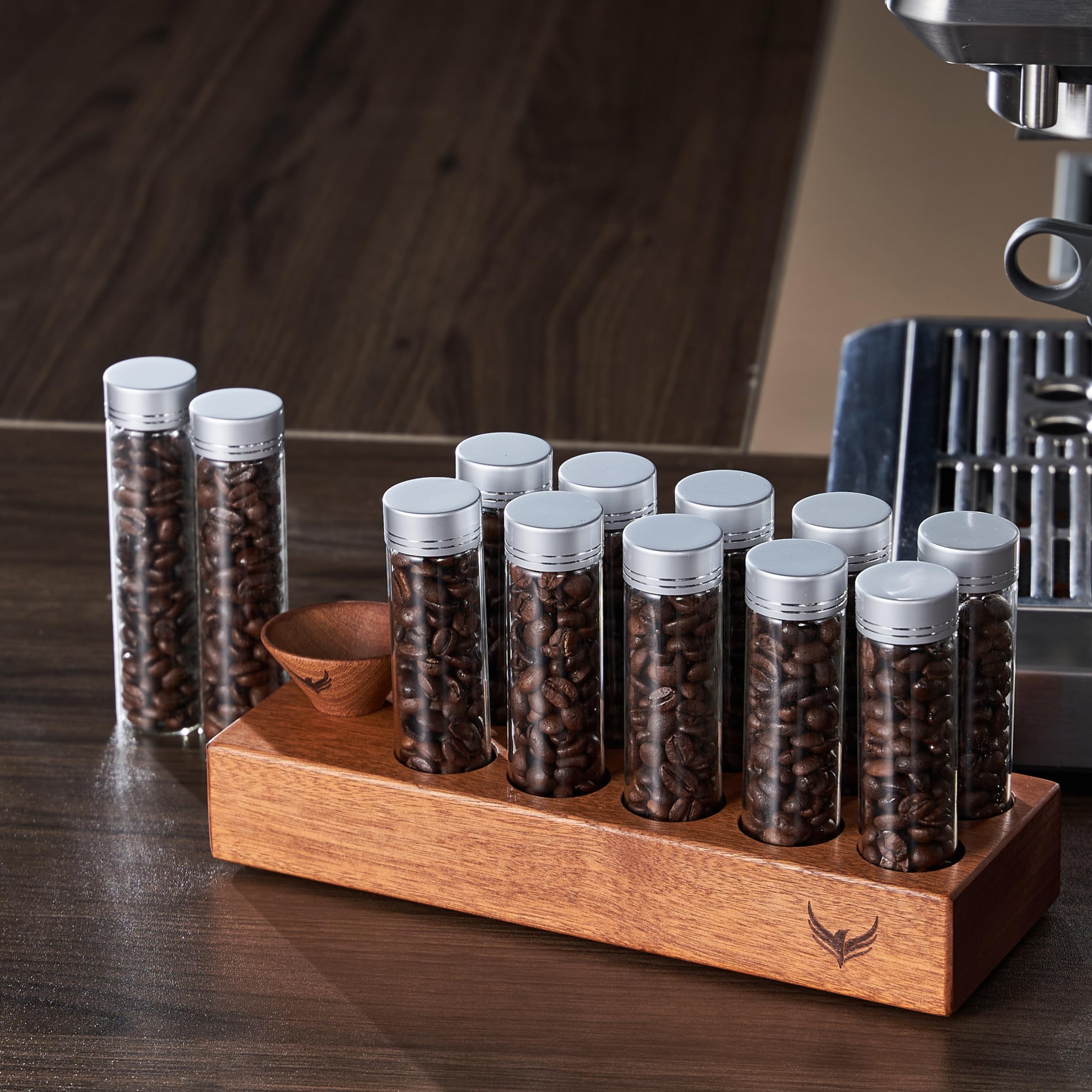 KNODOS wood base holder keeps tubes neatly displayed on a counter.