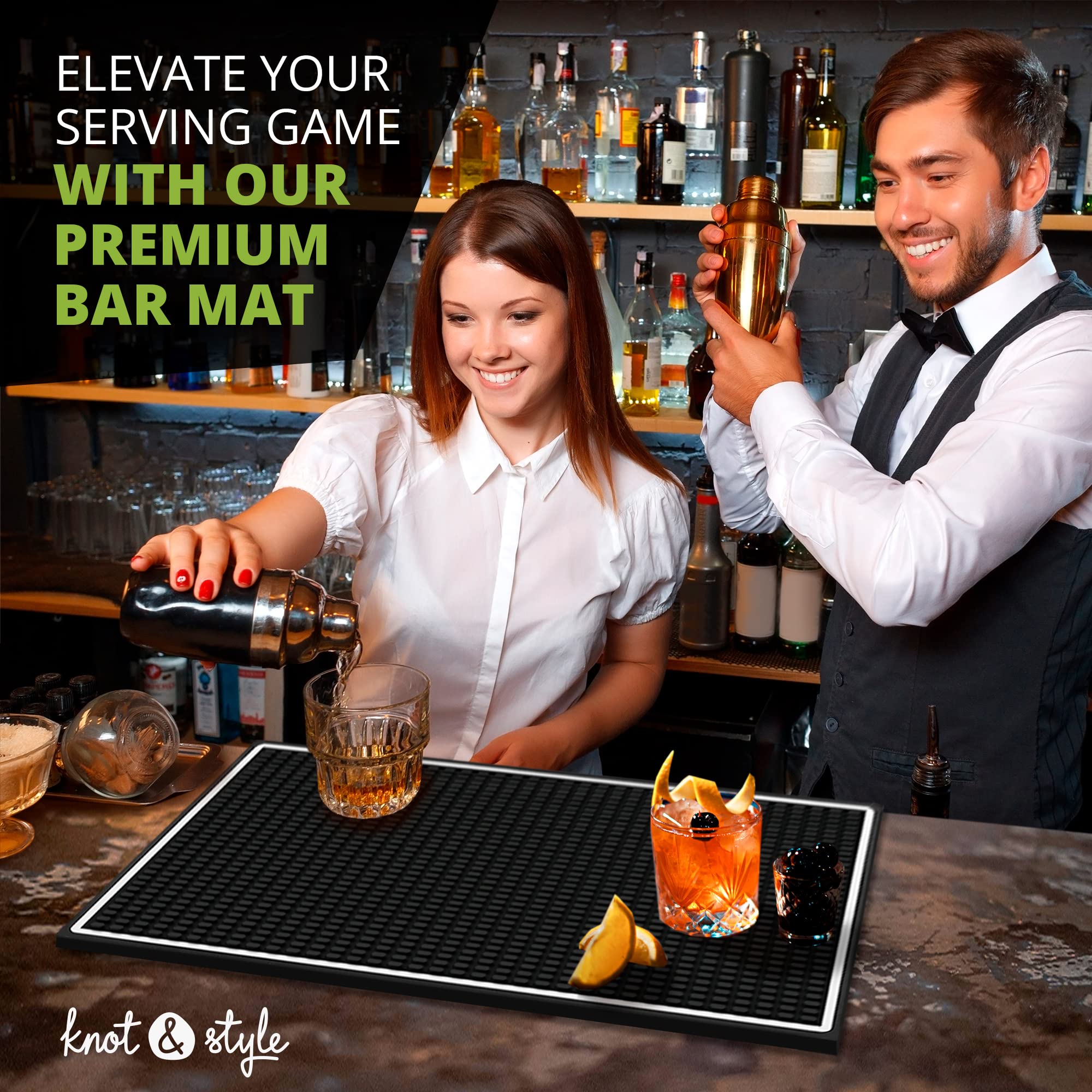Knot and Style bar mat supports bar setup during cocktail prep