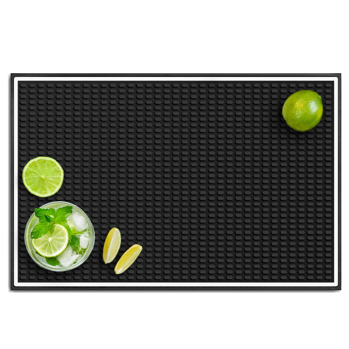 Knot and Style bar mat with white border close-up, highlighting elegant home bar design