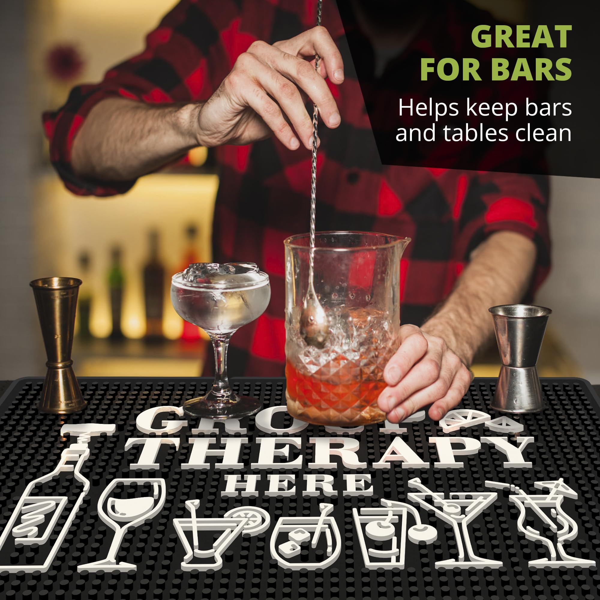 Knot and Style Group Therapy Bar Mat ideal for home bar setups.