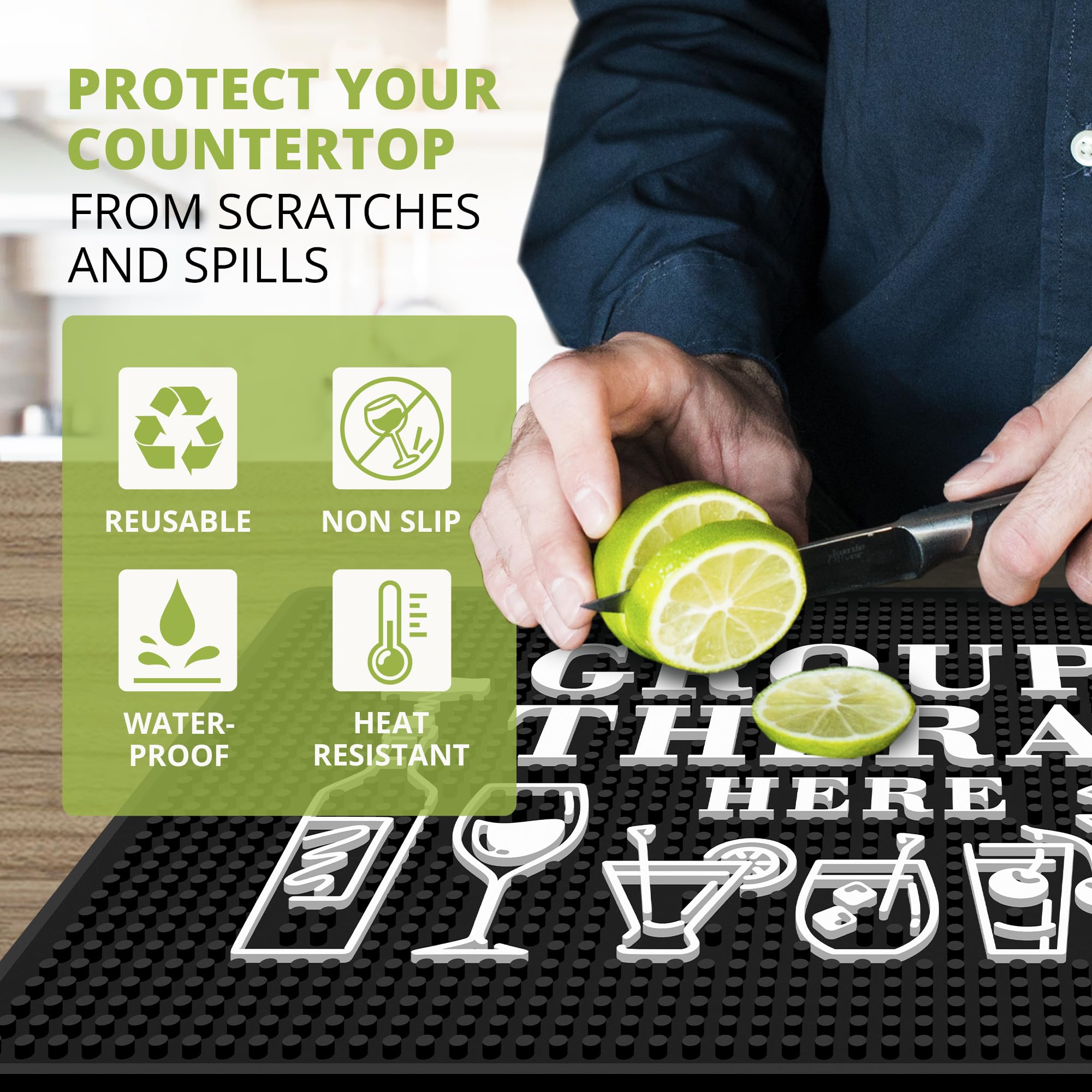 Knot and Style Group Therapy Bar Mat large 18x12 supports efficient home bar layouts.