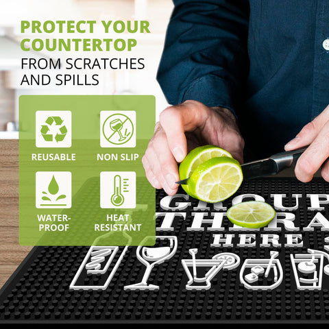 Knot and Style Group Therapy Bar Mat large 18x12 supports efficient home bar layouts.