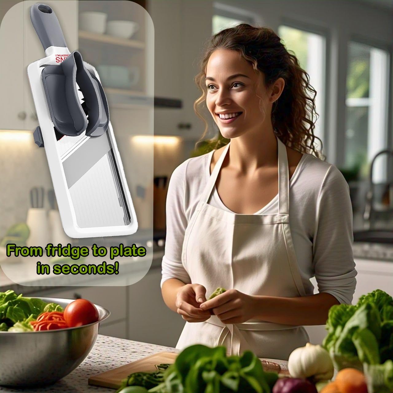 KNS Essentials mandoline slicer showing adjustable thickness settings