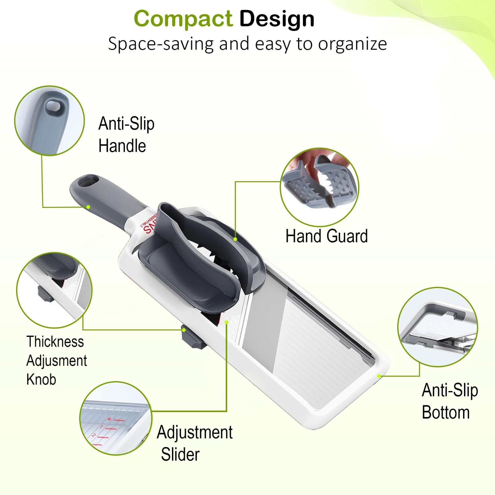 KNS Essentials mandoline slicer featuring a comfortable grip for easy prep