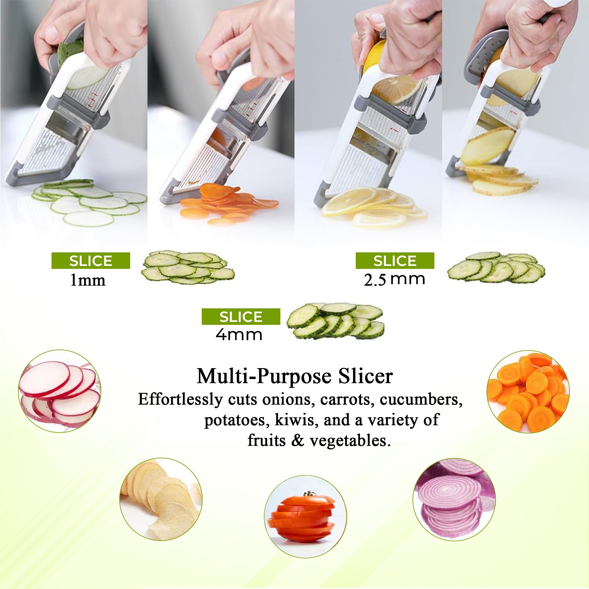 KNS Essentials mandoline slicer producing thin potato slices for fries