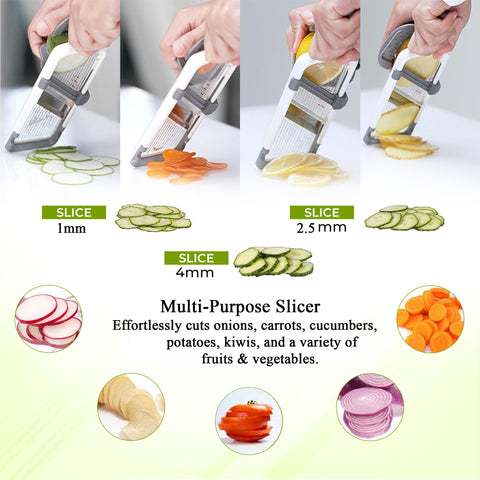 KNS Essentials mandoline slicer producing thin potato slices for fries