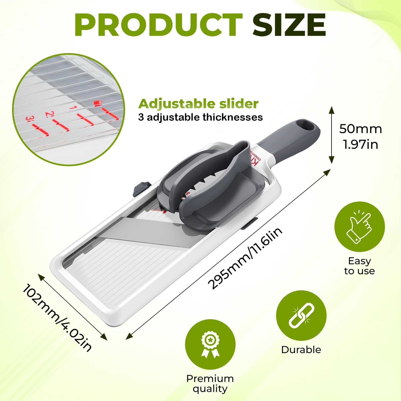KNS Essentials mandoline slicer slicing a cucumber for salads