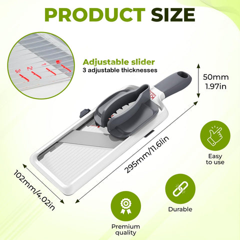 KNS Essentials mandoline slicer slicing a cucumber for salads