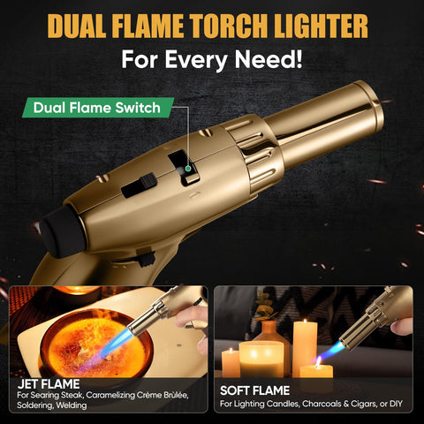 Koackl dual-flame torch ignition lock enabling safe one-handed operation.