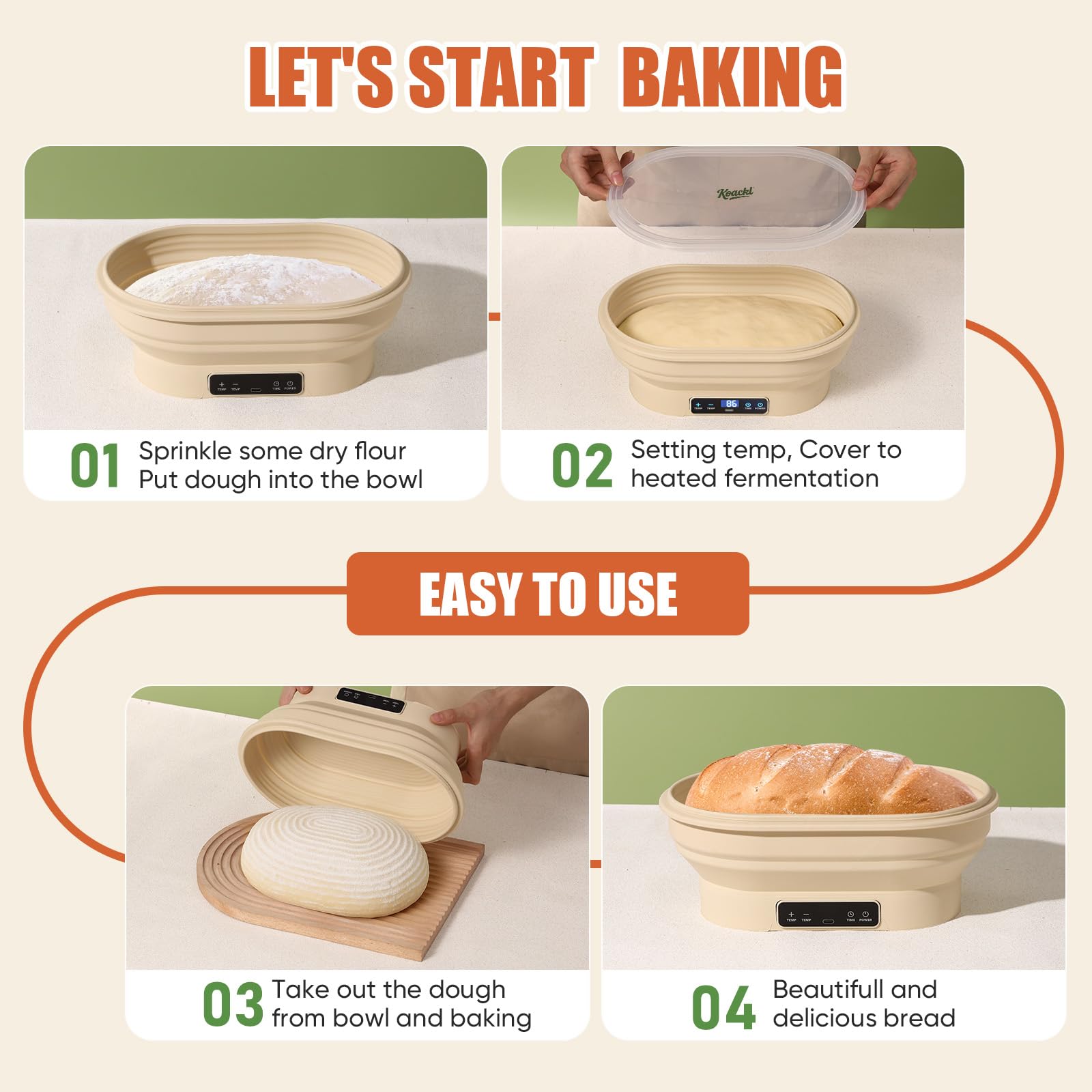 Koackl Sourdough Warmer shows a 6-hour timer for hands-free fermentation scheduling.