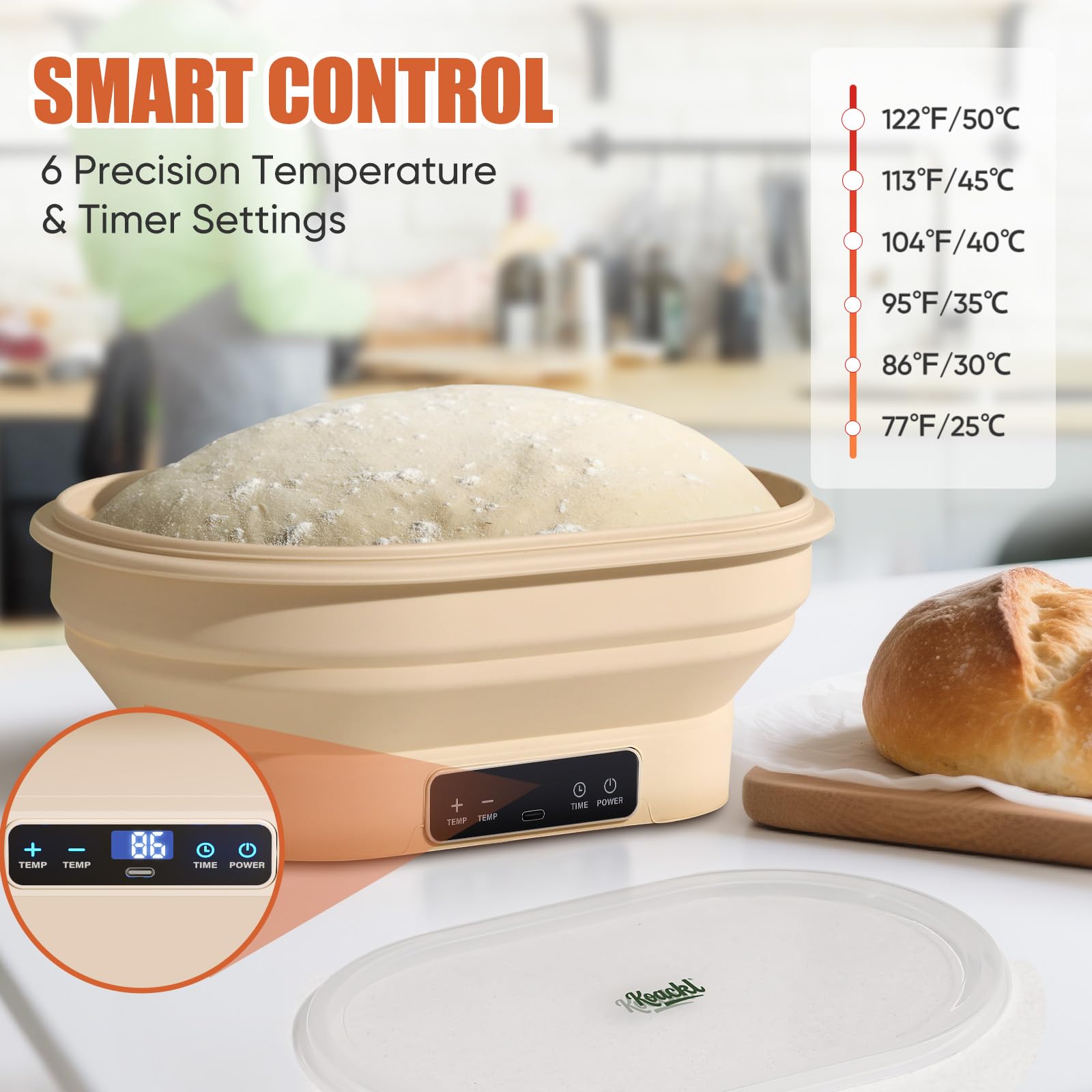 Koackl Sourdough Warmer with real-time temperature monitoring keeps dough at ideal warmth.