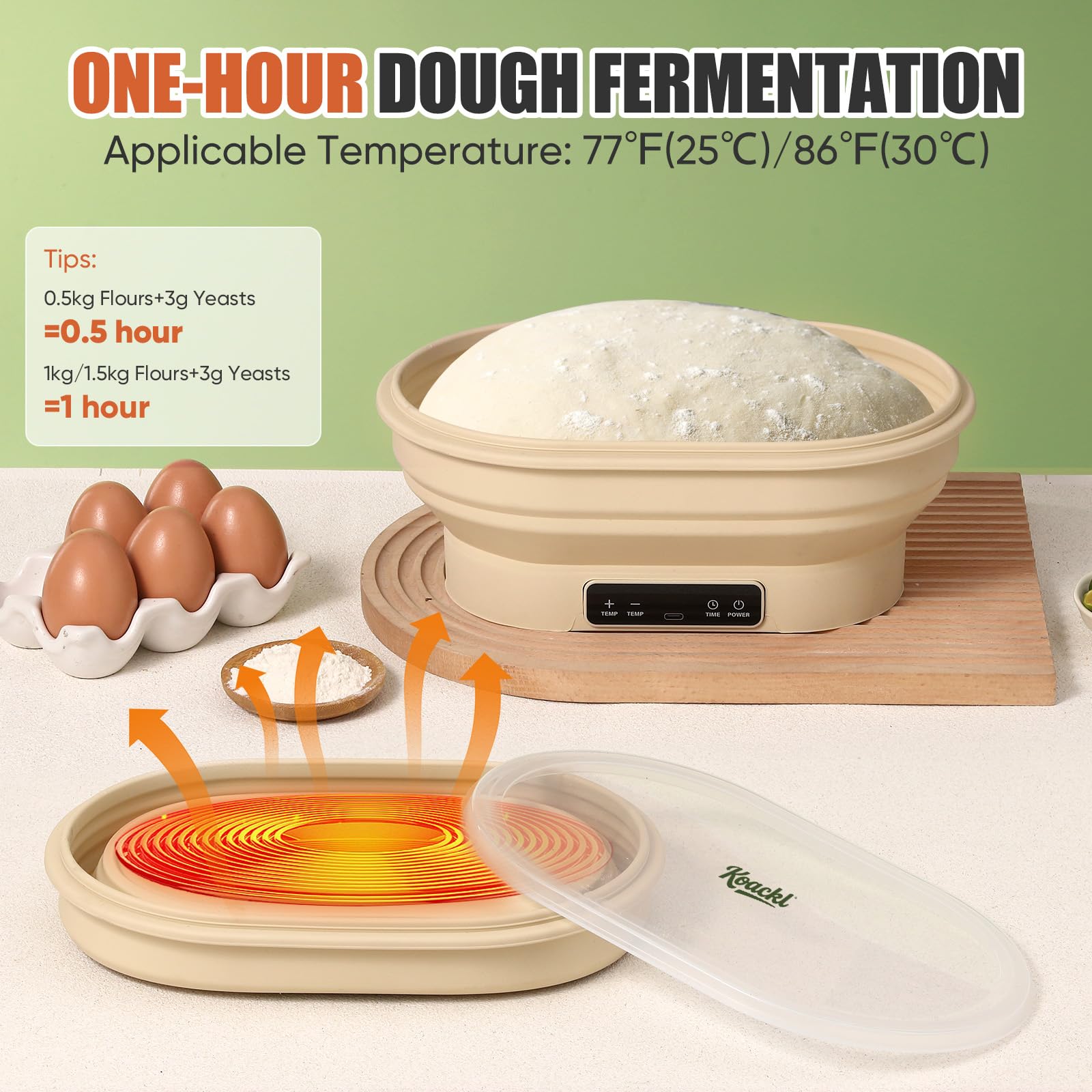 Koackl Sourdough Warmer highlights thermostat levels from 77 to 122°F for adaptable warmth.