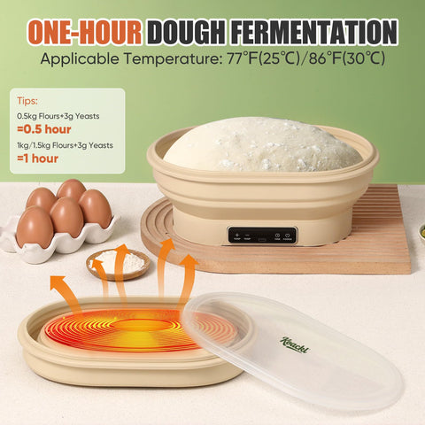 Koackl Sourdough Warmer highlights thermostat levels from 77 to 122°F for adaptable warmth.