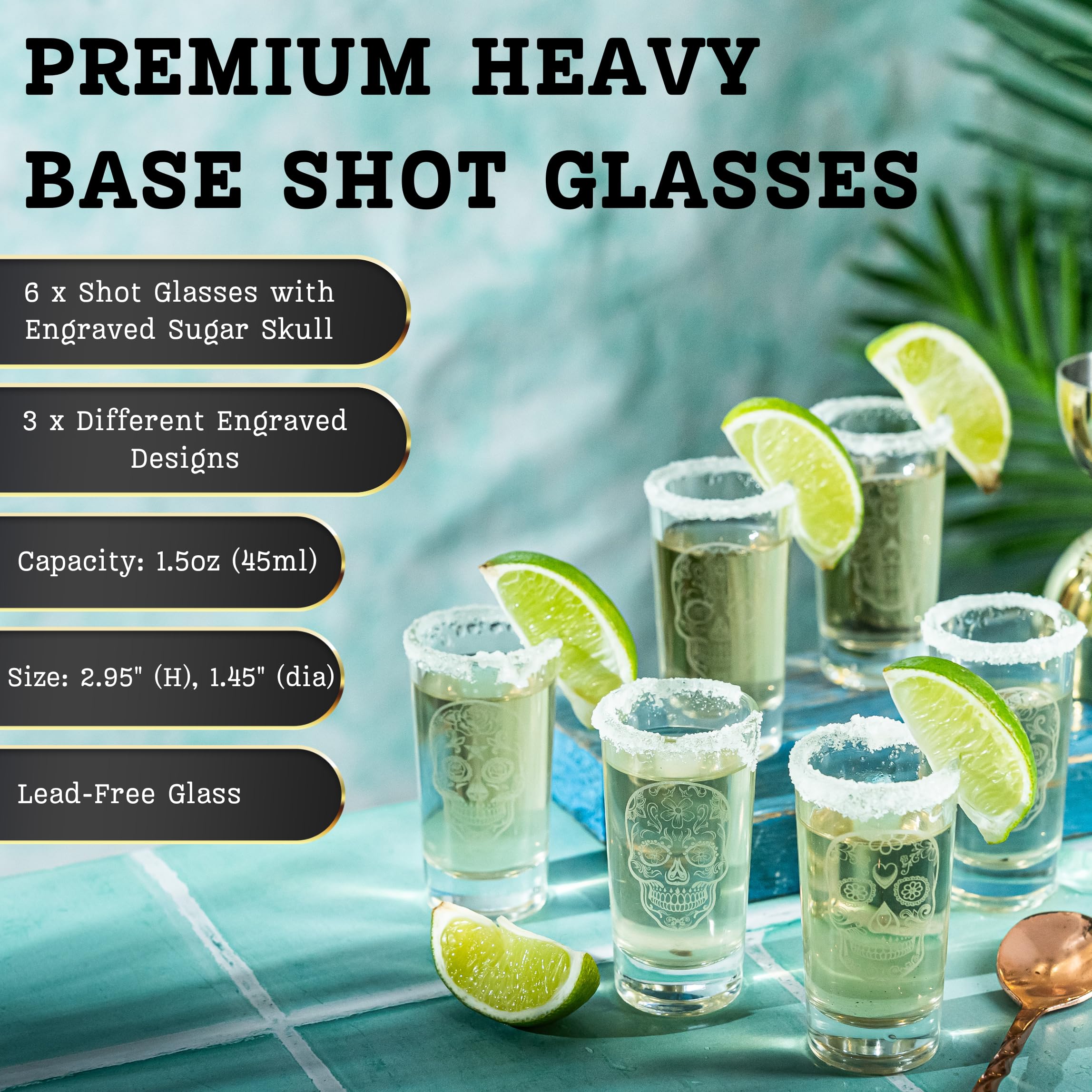 Laser engraved sugar skull glasses add flair to party pours.