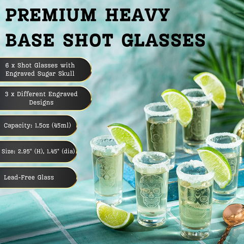 Laser engraved sugar skull glasses add flair to party pours.