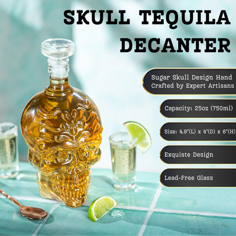 Handmade borosilicate glass decanter combines durability with bold skull style.