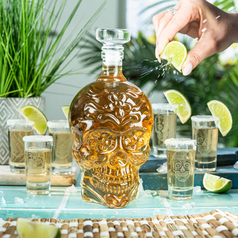 Six shot glasses 45ml with laser engraved sugar skull designs for toasts.