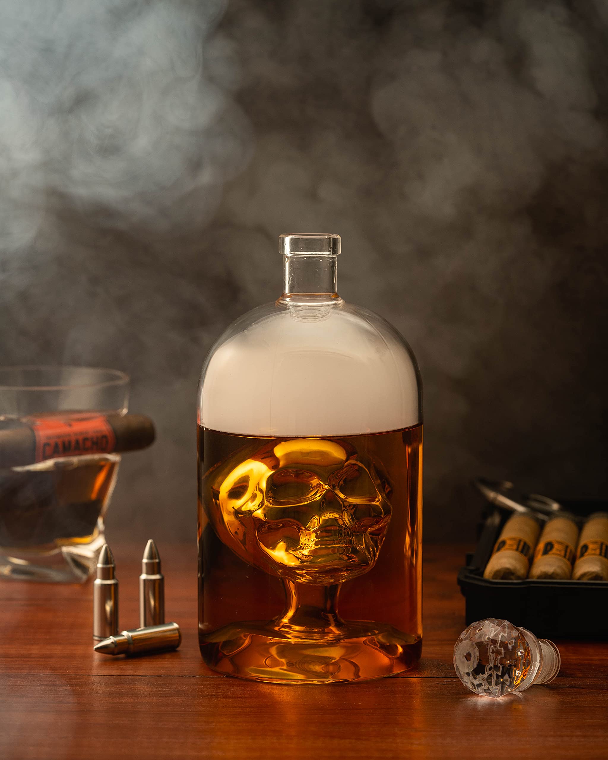 Kobi & Knight skull decanter on bar setup, complements modern decor.