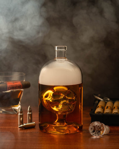 Kobi & Knight skull decanter on bar setup, complements modern decor.