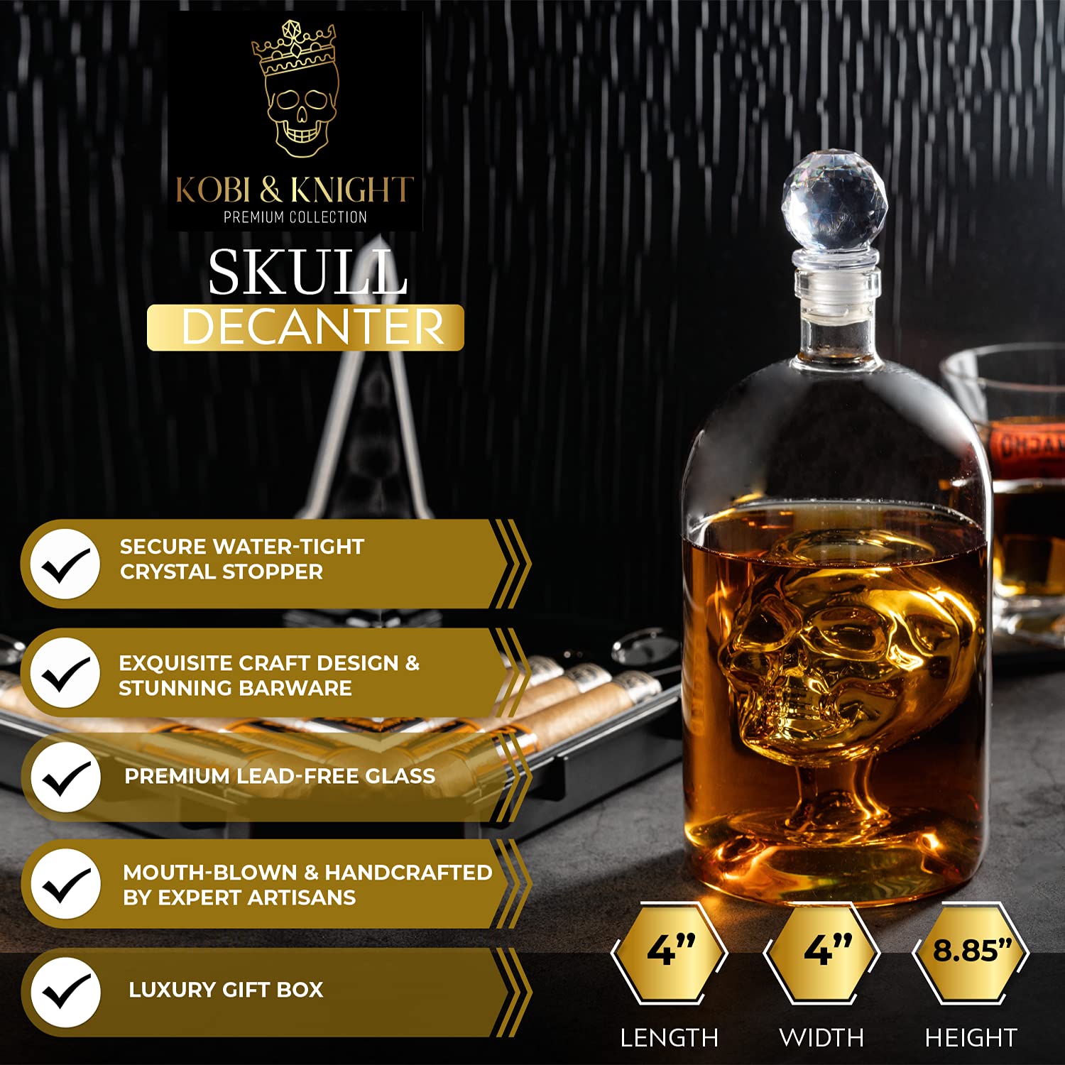 Kobi & Knight skull decanter close-up showing hand-blown glass texture.