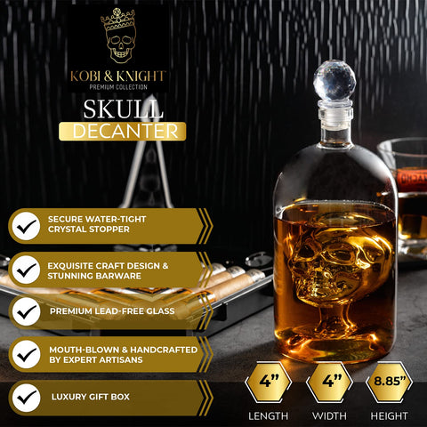 Kobi & Knight skull decanter close-up showing hand-blown glass texture.