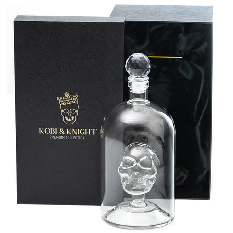 Kobi & Knight skull decanter front view, bold centerpiece for home bars.