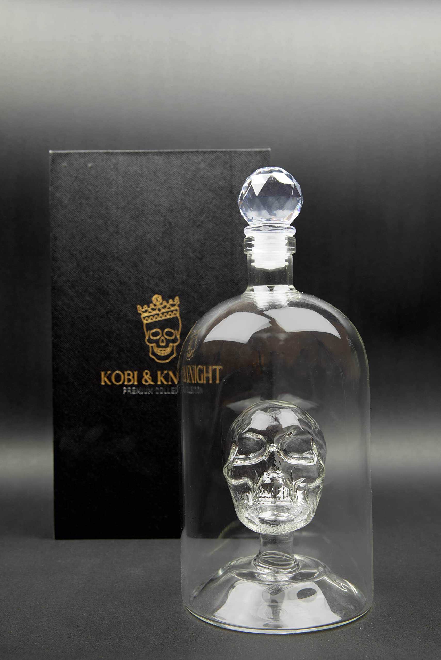 Kobi & Knight skull decanter packaging box, elegant gift presentation.