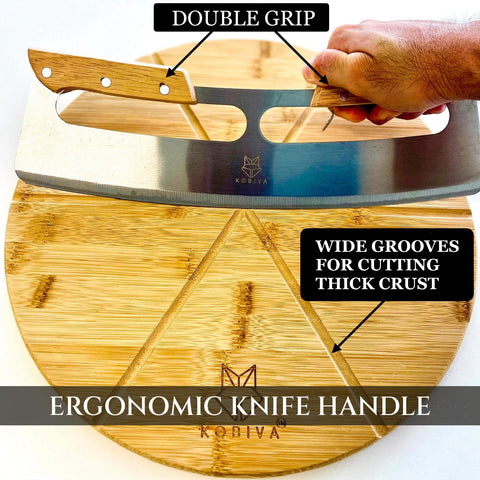 Kobiva double-grip ergonomic handle on pizza knife enhances comfortable slicing
