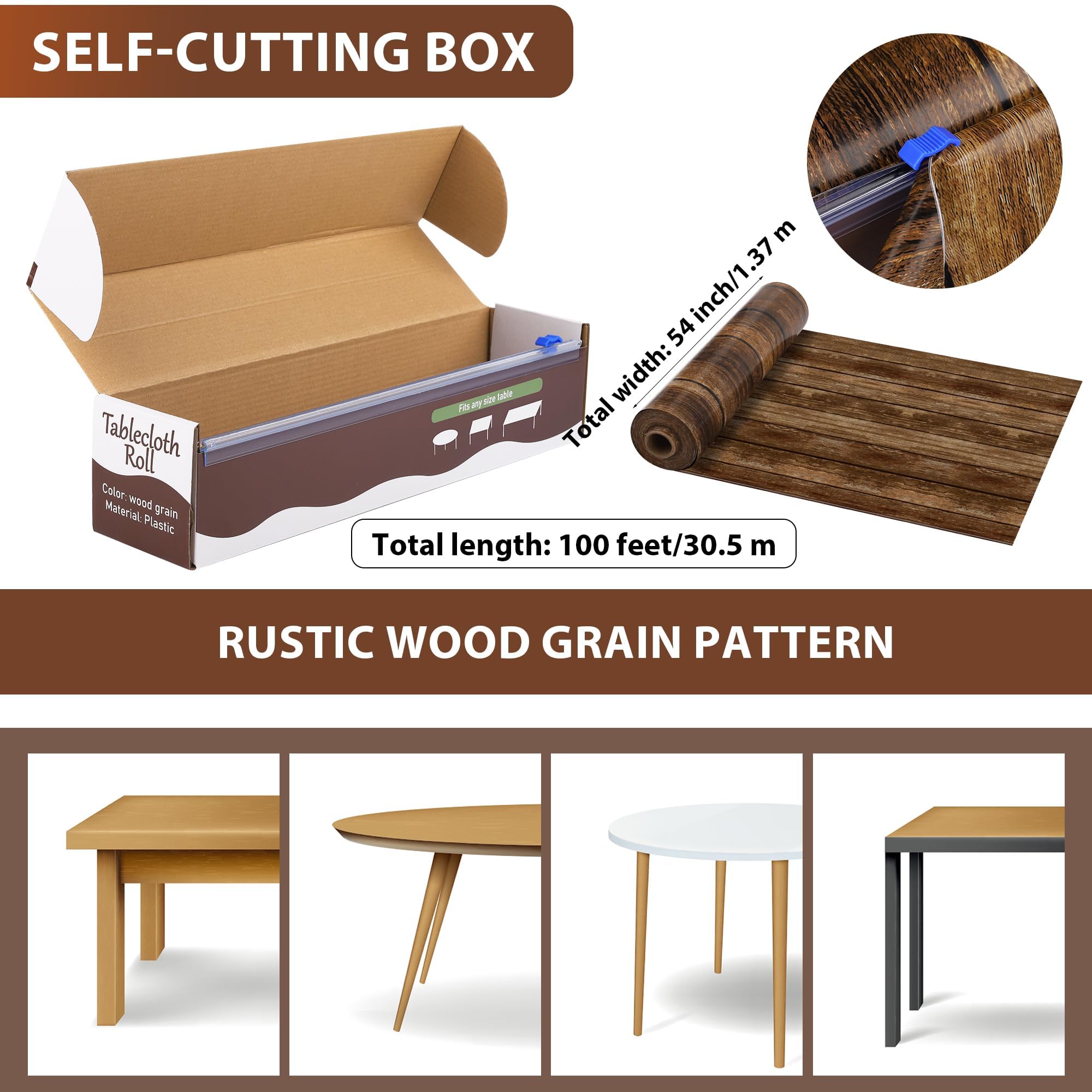 Kochorie wood-grain tablecloth with cutter box for easy trimming