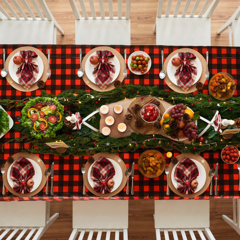 Kochorie heavy-duty plastic tablecloth protects tables from spills and stains.